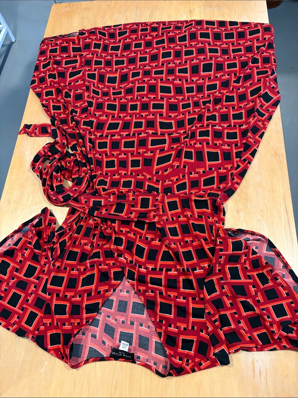 julie dillon ~ Wrap dress Rust Red Orange Black Geometric Casual Twirl Dress